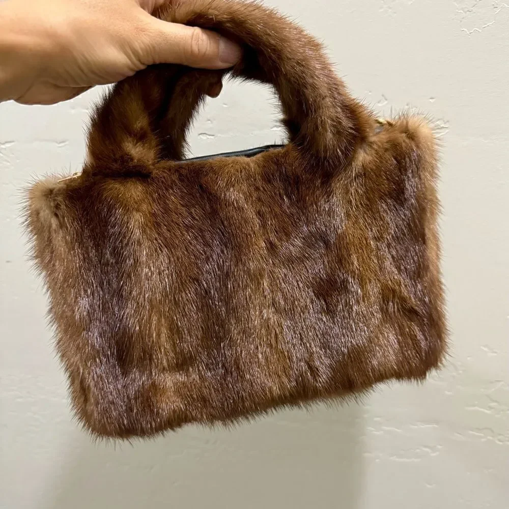 Handmade Real Muskrat Fur Top Handles Satchel With Mink Fur Flower Bag Charm